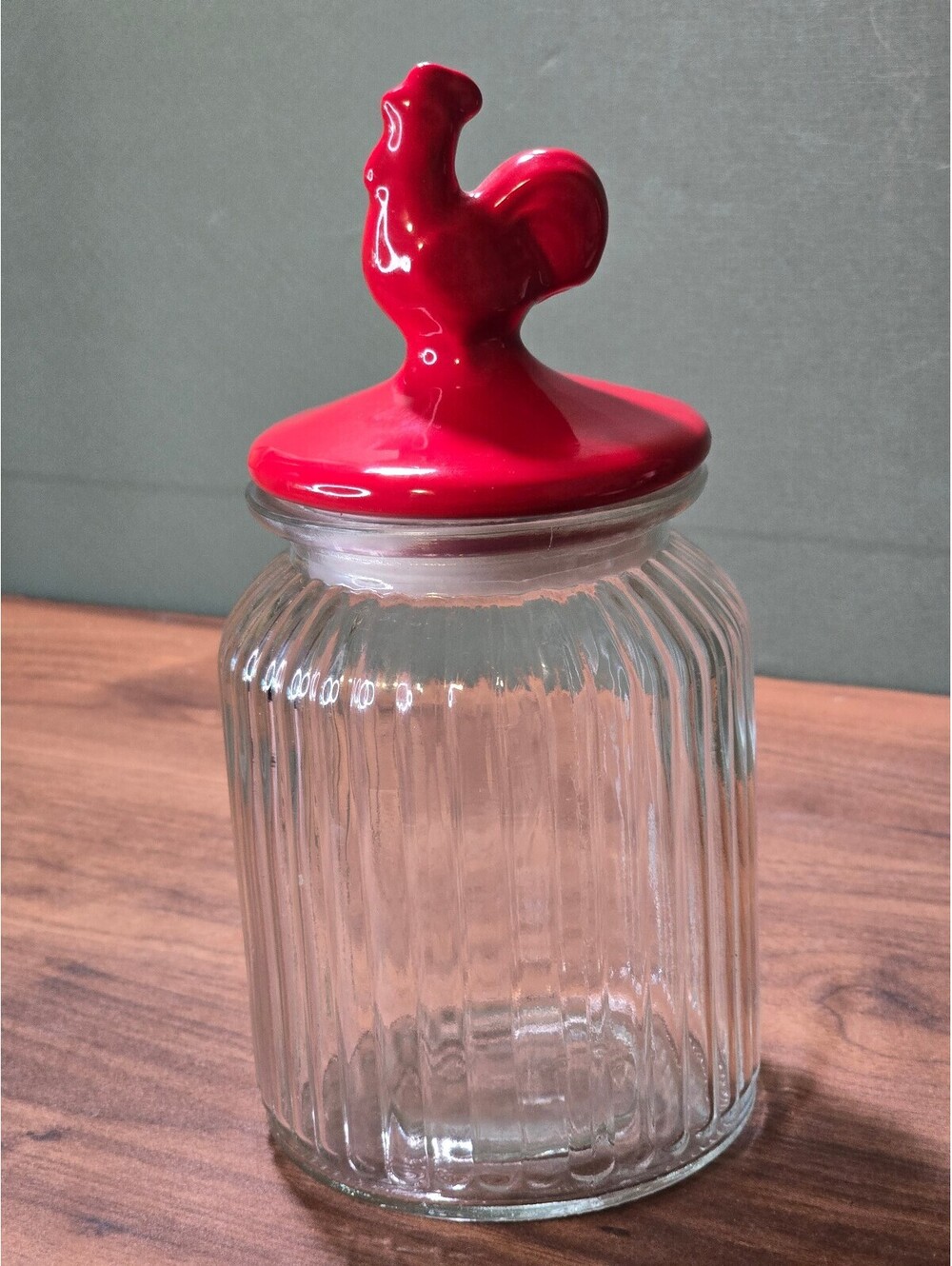 Vintage Ribbed Glass Farmhouse Canister Red Ceramic Rooster Lid Jar
